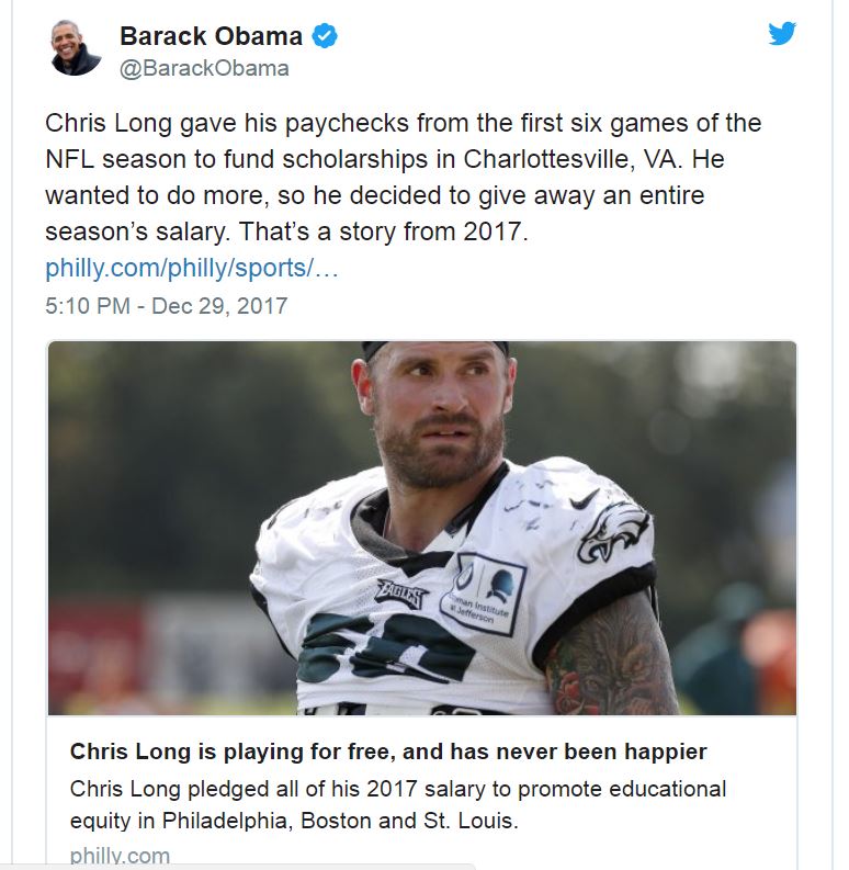 Chris Long of the Philadelphia Eagles to Donate Entire Salary